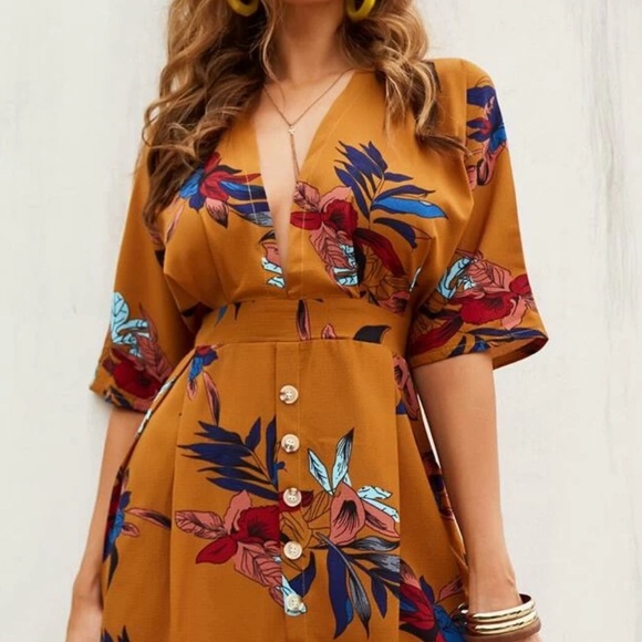 Shein Plunging Neck Tie Back Floral Dress - Picture 3 of 6